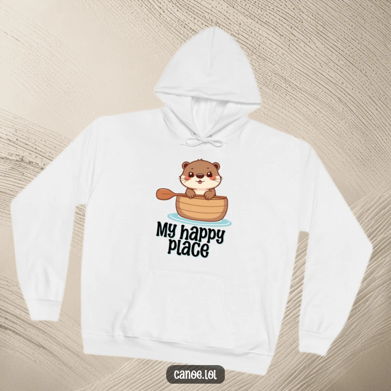Funny Hoodie depicting a cheerful otter peering over the side of a canoe, ideal for outdoor enthusiasts.