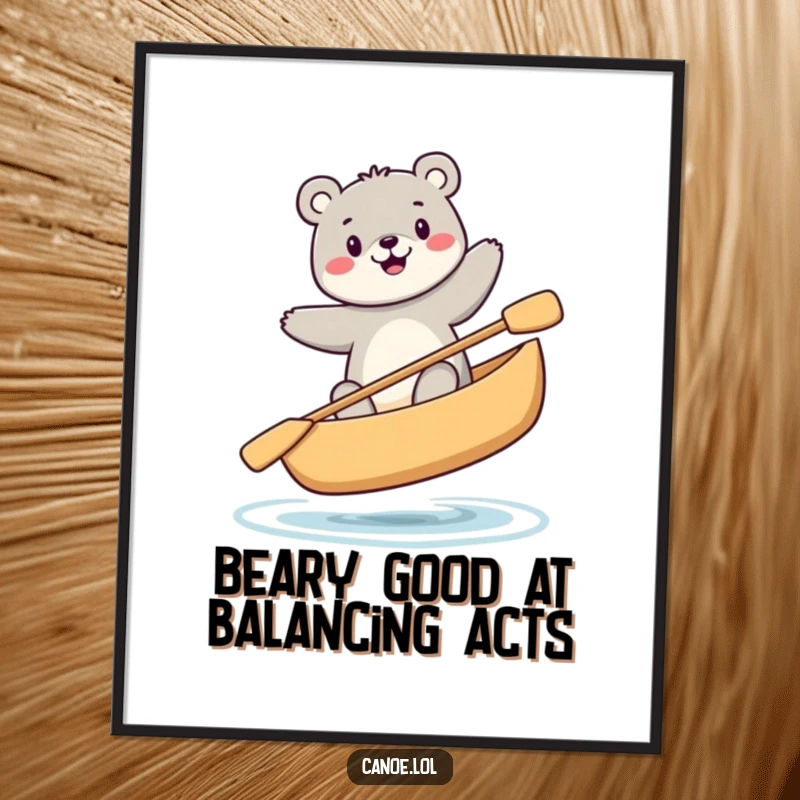 Funny Free Printable Wall Art: Happy bear precariously balances in a canoe, creating a humorous scene.