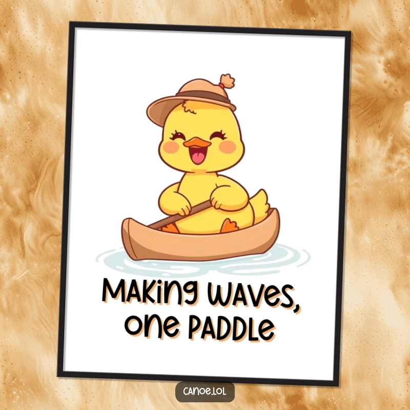 Funny Free Printable Wall Art: A joyful duckling wearing a tiny hat, paddling a small canoe with cheerful abandon.