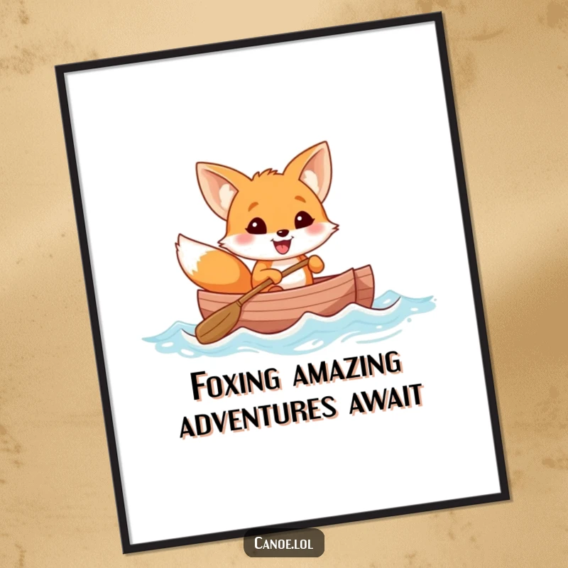 Funny Free Printable Wall Art: Cheerful fox with a wide grin rows a canoe through gentle waves, bringing joy.