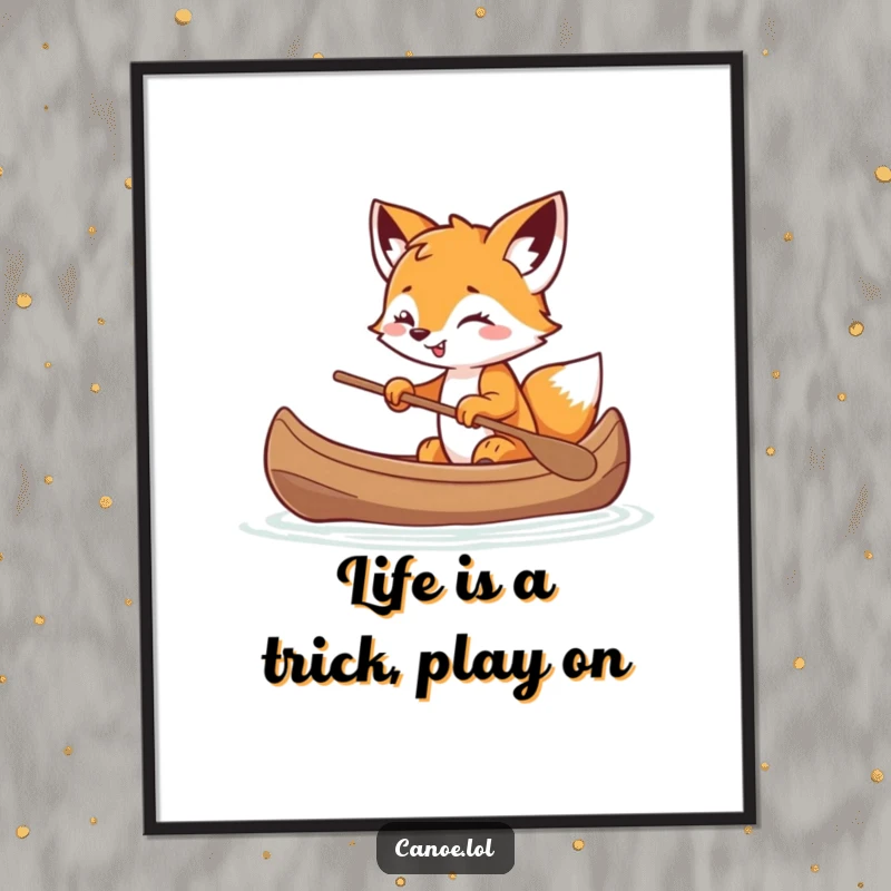 Funny Free Printable Wall Art: A playful fox cub balancing precariously in a canoe with a wide, mischievous grin.