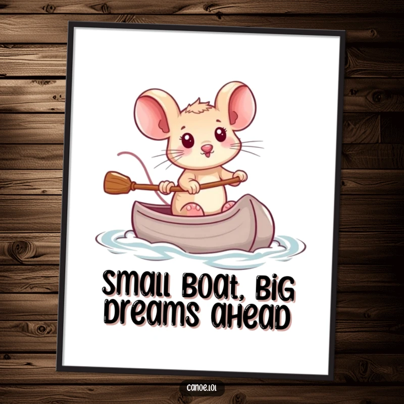 Funny Free Printable Wall Art: A tiny, brave mouse determinedly steering a miniature canoe, symbolizing courage and adventure.