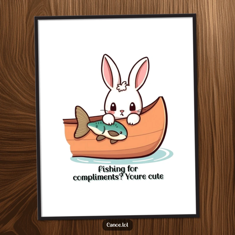 Funny Free Printable Wall Art: Curious rabbit peeking over canoe edge at a fish, creating a fun scene.