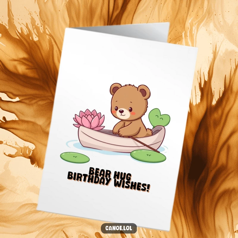 Funny Free Printable Birthday Card: Curious bear cub in a canoe reaching for a lily pad, celebrating a birthday.