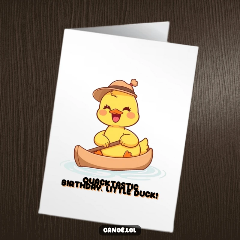 Funny Free Printable Birthday Card: Joyful duckling in a tiny hat paddling a small canoe, celebrating a birthday.