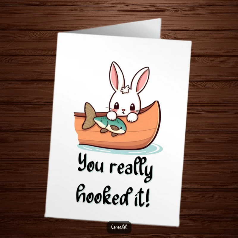 Funny Free Printable Congratulations Card: Curious rabbit peeks into canoe at a fish, celebrating success.
