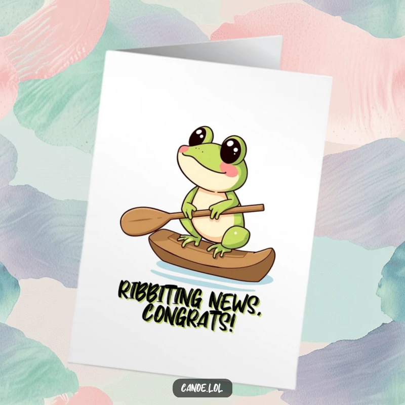 Funny Free Printable Congratulations Card: A frog perfectly balanced on a canoe paddle, celebrating a big win.