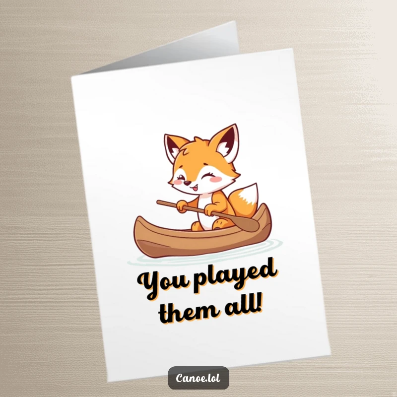 Funny Free Printable Congratulations Card: A playful fox cub balances in a canoe with a mischievous grin, celebrating.