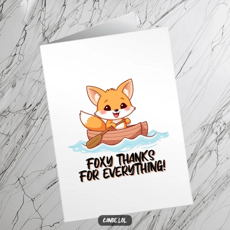 Funny Free Printable Thank You Card: Cheerful fox grins, rowing a canoe, sending a heartfelt thank you.