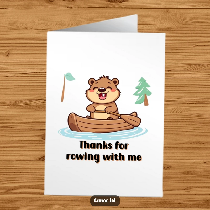 Funny Free Printable Thank You Card: A beaver paddling a canoe, beaming with a wide, happy grin.