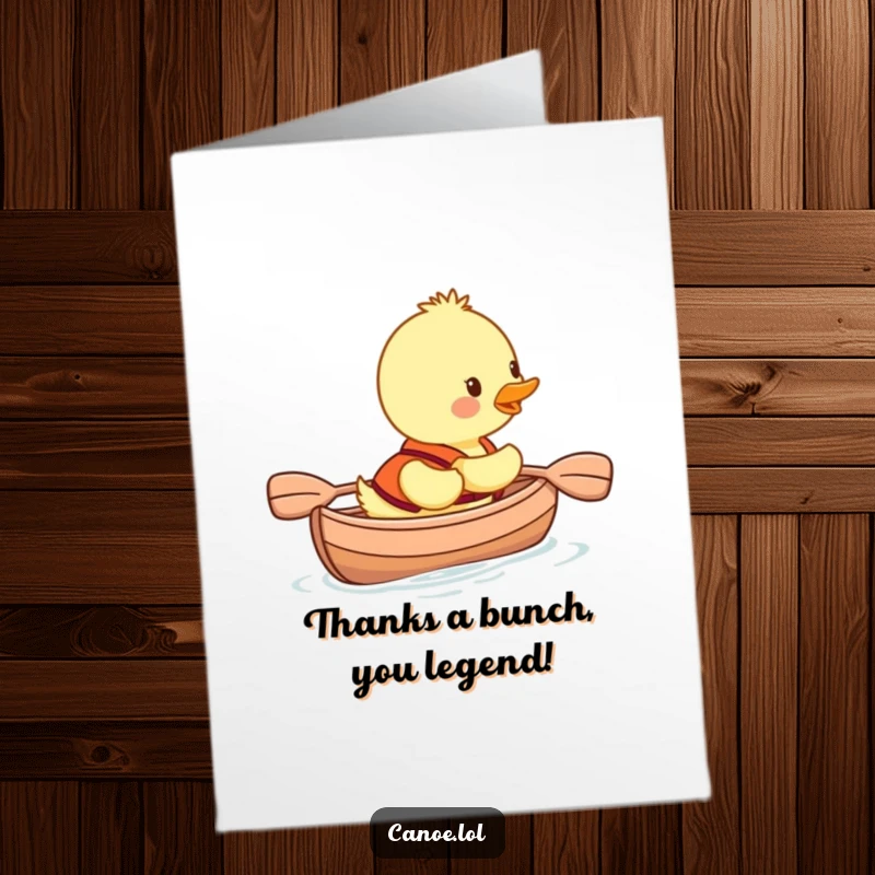 Funny Free Printable Thank You Card: Smiling duckling paddles a canoe, expressing thanks with a cheerful demeanor.