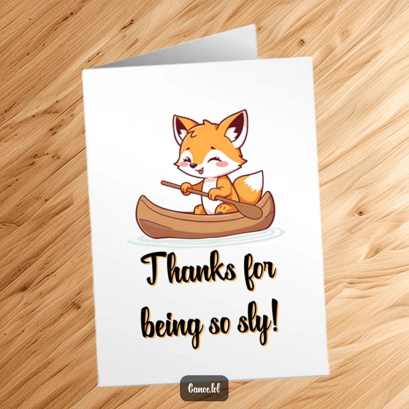 Funny Free Printable Thank You Card: A playful fox cub in a canoe with a mischievous grin, expressing thanks slyly.