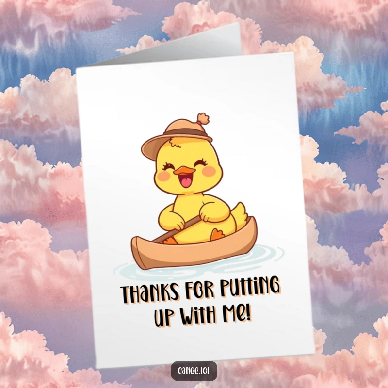 Funny Free Printable Thank You Card: A cute duckling in a small hat paddles a canoe, expressing thanks joyfully.