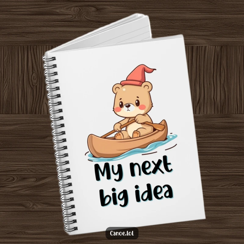 Funny Notebook with a cute bear cub steering a canoe with determination, perfect for planning.