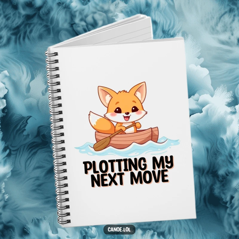 Funny cheerful fox with a wide grin rowing a canoe through gentle waves, a humorous notebook for happy thoughts.