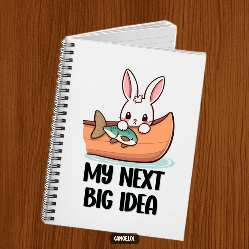 Funny curious rabbit peeking over the side of a canoe at a fish, a humorous notebook for inquisitive minds.
