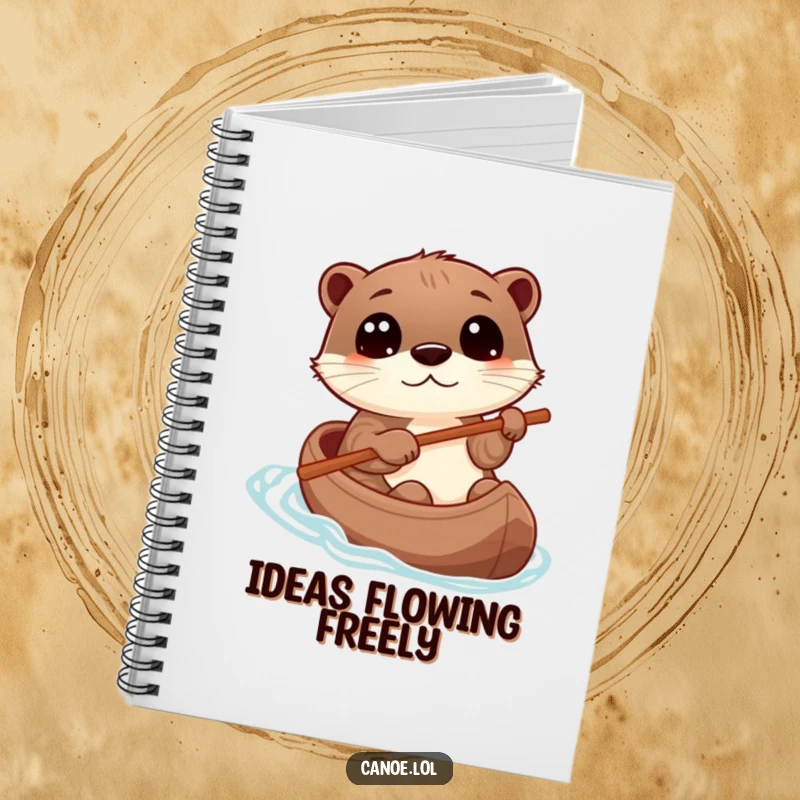 Funny otter steering a canoe with a stick, eyes wide with wonder, a humorous notebook for creative minds.