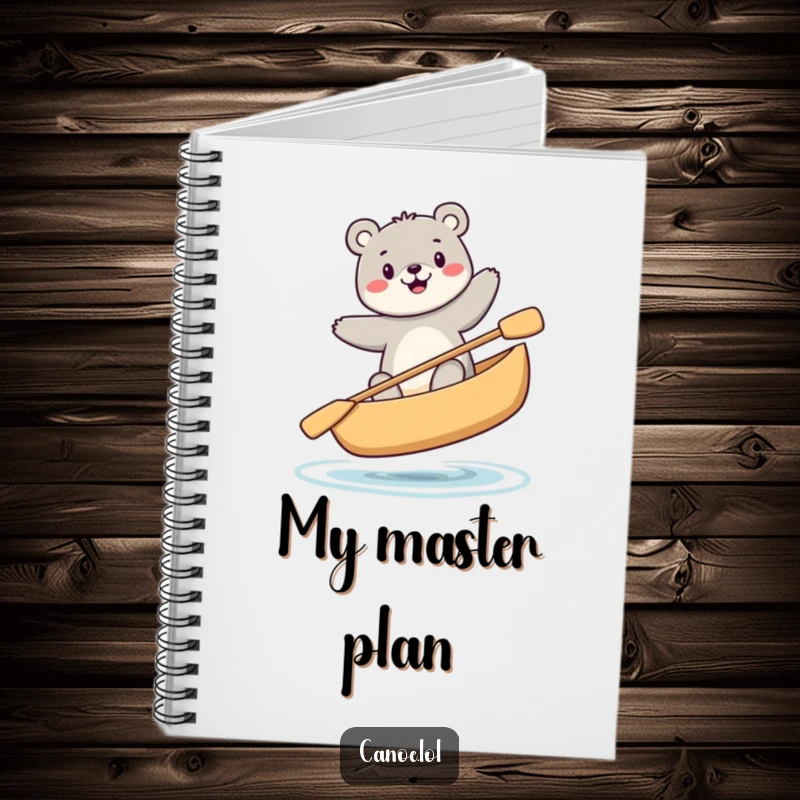 Funny happy bear balancing precariously while sitting in a canoe, a humorous notebook for daring thoughts.