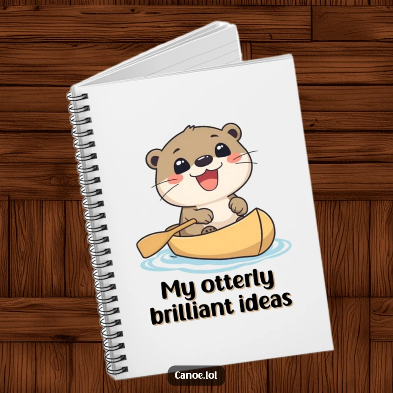 Funny cute otter paddling a canoe with a huge excited grin, ready to capture notes and inspiration. A humorous journal.