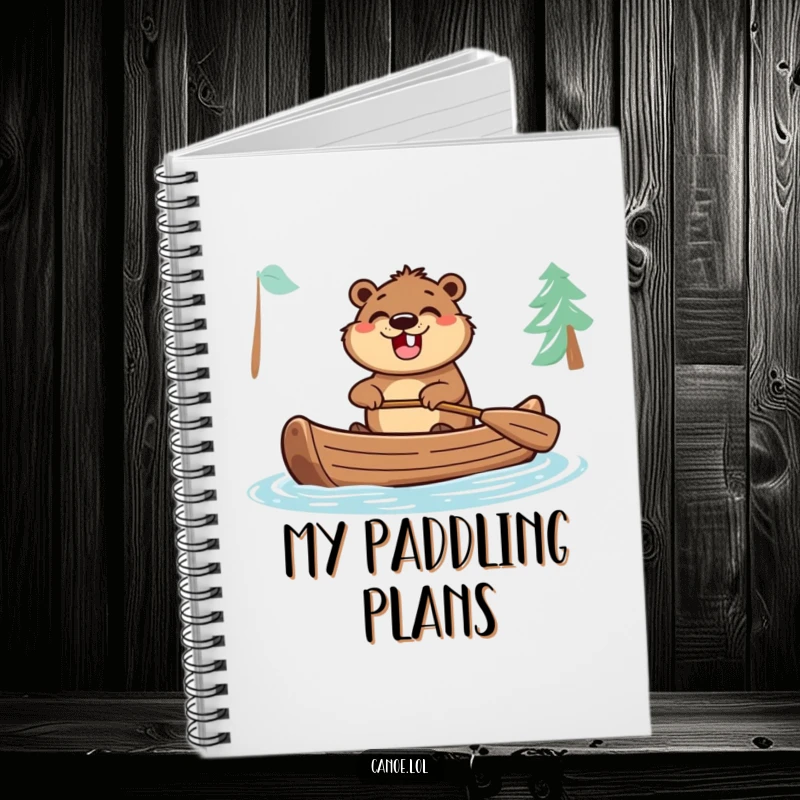 Funny notebook cover featuring an excited beaver paddling a canoe with a wide grin, perfect for jotting down adventure ideas.