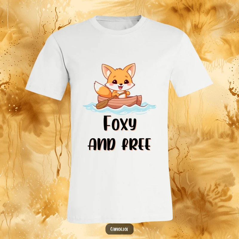 Funny cheerful fox with a wide grin rowing a canoe through gentle waves, a humorous t-shirt for adventurers.