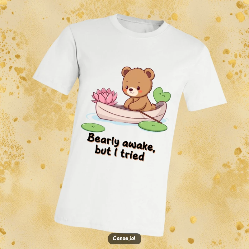 Funny curious bear cub in a canoe, gently reaching for a lily pad, symbolizing exploration and nature’s beauty.