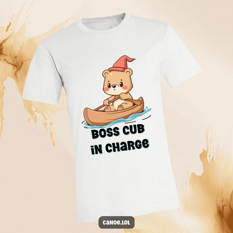 Funny T-Shirt depicting a cute bear cub steering a canoe with unwavering determination, embodying leadership.