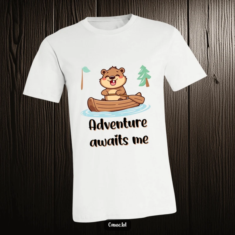 Funny t-shirt showcasing an excited beaver paddling a canoe with a massive grin, embodying pure joy and adventure.