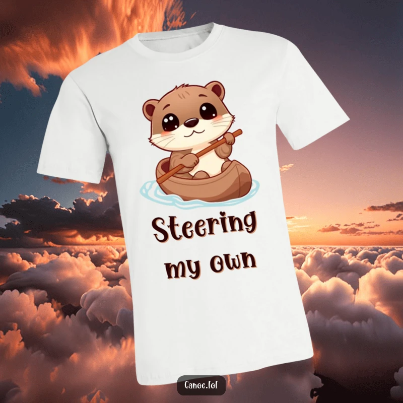 Funny otter steering a canoe with a stick, eyes wide with wonder, a playful t-shirt for adventure lovers.