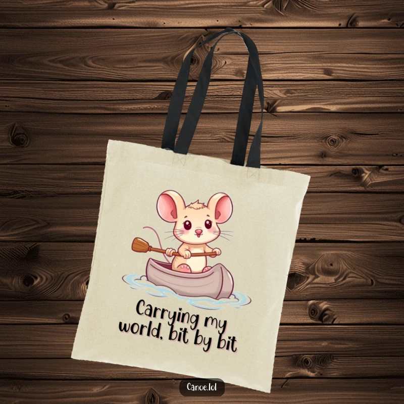 Funny brave tiny mouse steering a miniature canoe with focused determination, a humorous tote for carrying essentials.