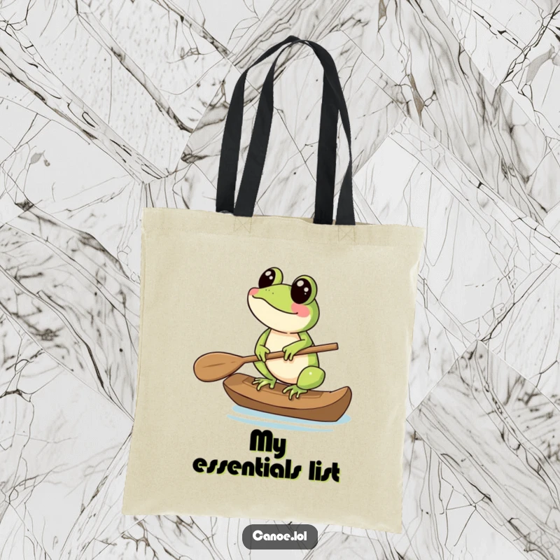 Funny Tote Bag featuring a cheerful frog balancing on the tip of a canoe paddle, practical and stylish.