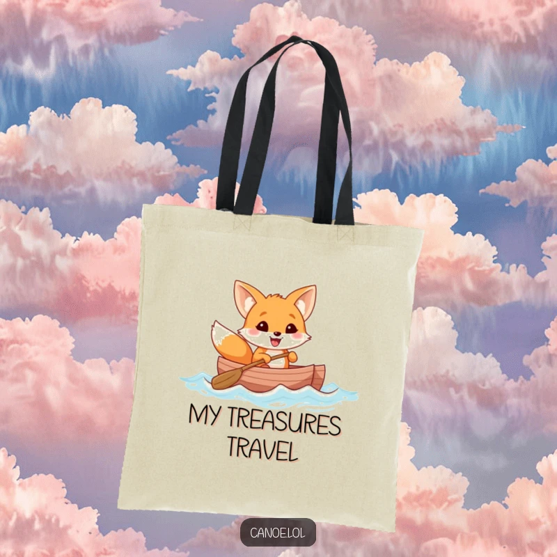 Funny cheerful fox with a wide grin rowing a canoe through gentle waves, a humorous and practical tote bag.